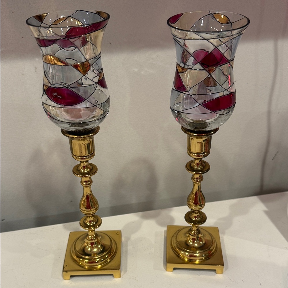 Set of 2 Elegant Gold & Stained Glass Candle Holders